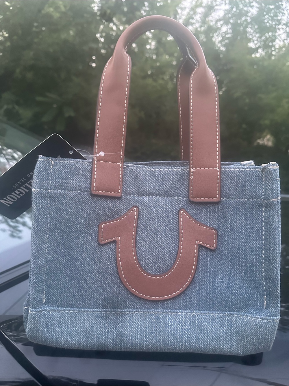 True Religion Denim Tote with Brown Leather Accents